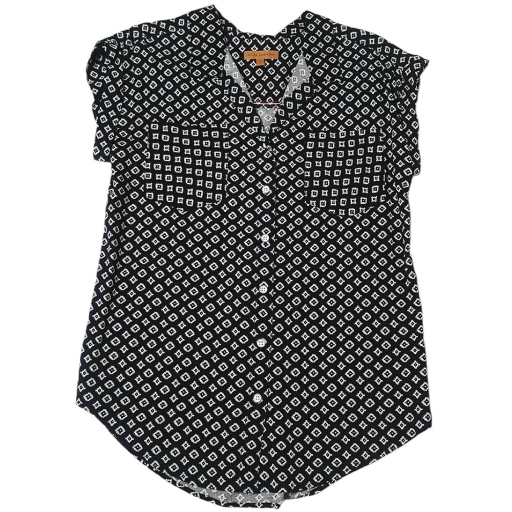 Jachs Girlfriend Top Small Black & White Cuffed Cap Sleeve Button Up Shirt Sz XL - Picture 2 of 16